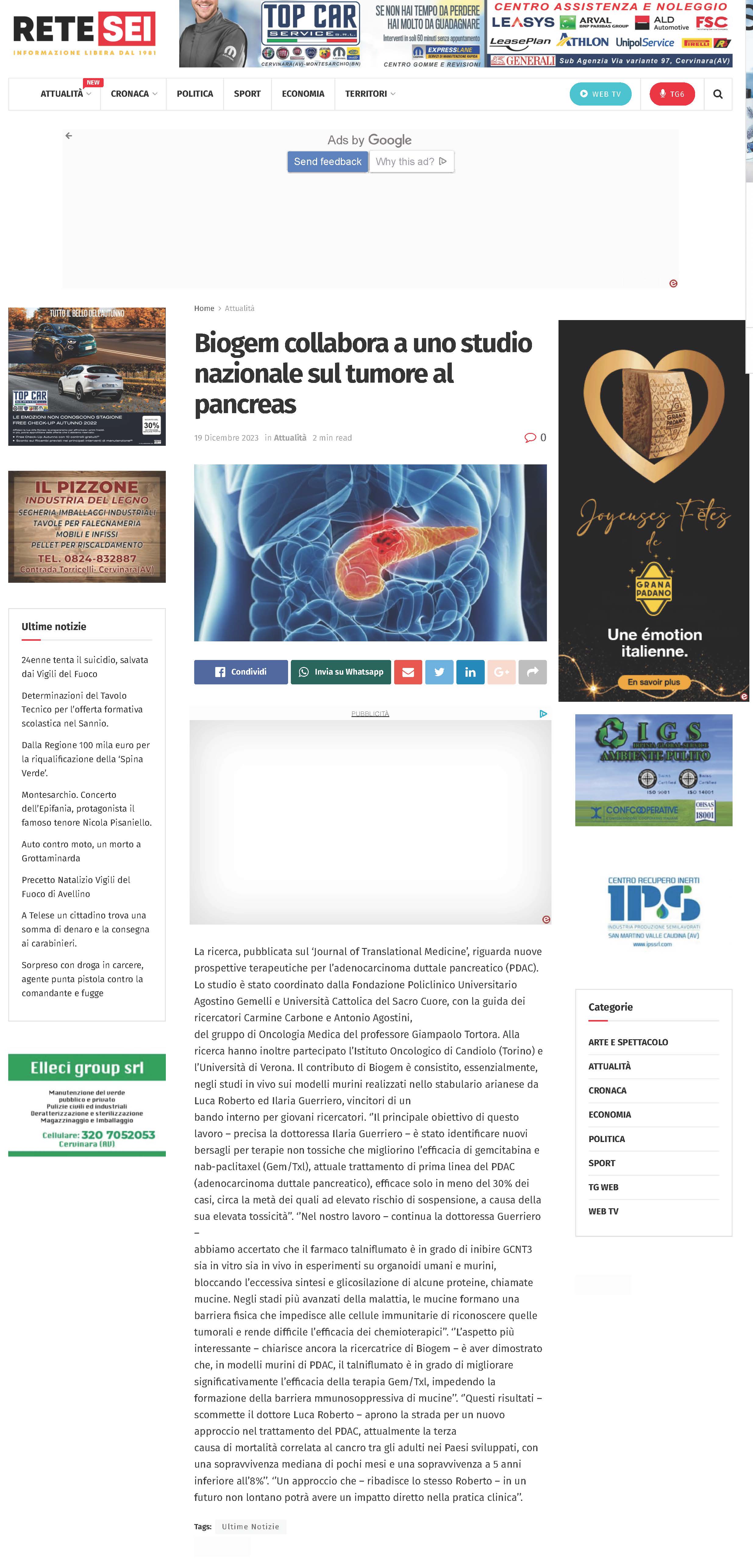 Biogem collabora a uno studio nazionale sul tumore al pancreas